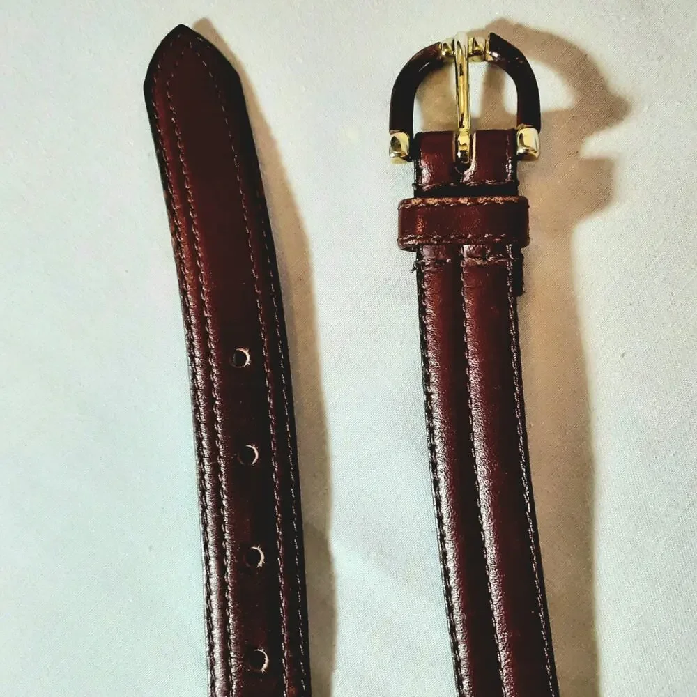 💎Unisex Dark Brown Leather Belt M  Polished Silver Tone Buckle Stitched Detail